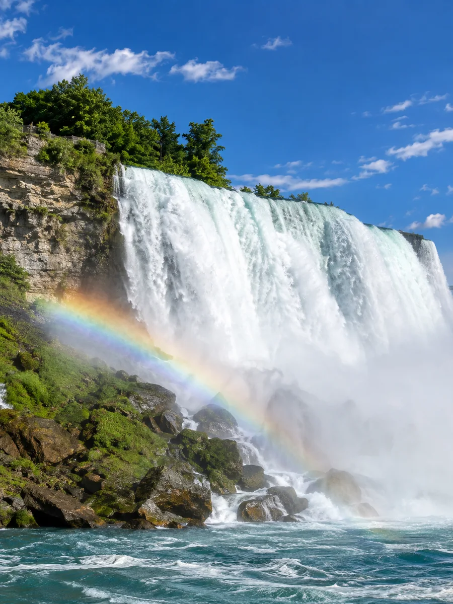 Die American Falls stürzen über eine Kalksteinklippe, mit einem Regenbogen in der Gischt