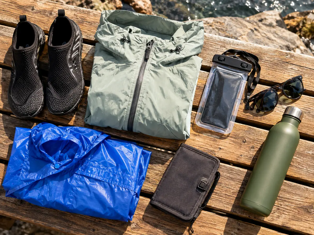 Wasserschuhe, eine leichte Jacke, eine wasserdichte Handyhülle und ein gefalteter Poncho auf einer Holzbank